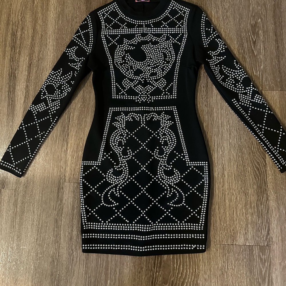 Stud embellished black mini dress